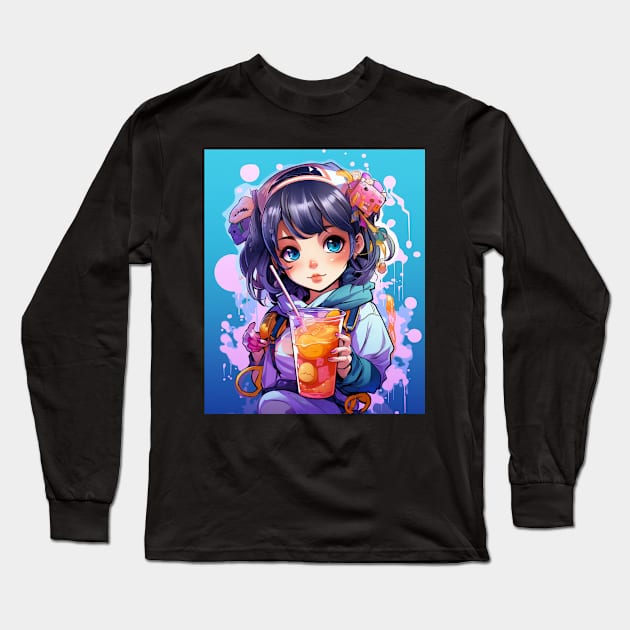 Kawaii Anime Girl Drinking Boba Long Sleeve T-Shirt by Spit in my face PODCAST